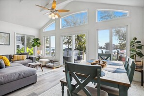 Smart TV, fireplace, books, printers