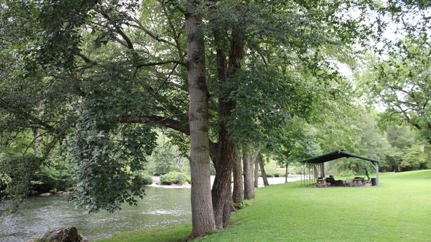 A serene park with a picnic area and a river. - Two Rivers Lodge (Bryson City)