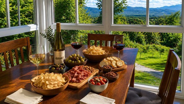 A dining table with a bottle of wine, glasses, and various snacks. - Panoramic mountain view - L'Horizon doré - 12 acre (Mansonville)