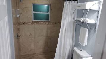 Hair dryer, towels, soap, shampoo