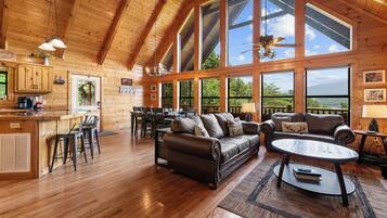 Cabin, Multiple Beds, Hot Tub, Mountain View (The Lodge) | Living area | 50-inch flat-screen TV with digital channels, fireplace