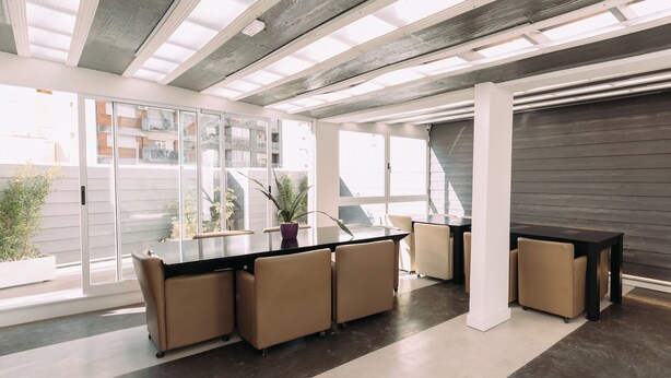 A modern office space with a long table, several chairs, and a potted plant. - Maison Work & Travel 7 - Palermo  (Buenos Aires)