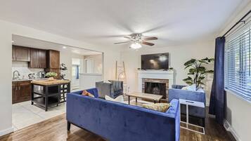 Smart TV, fireplace, foosball