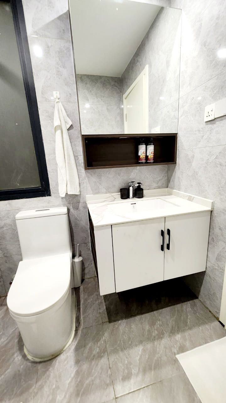 A modern bathroom with a toilet, sink, and mirror.