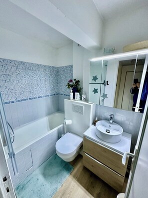 Douche, articles de toilette (gratuits), séchoir à cheveux