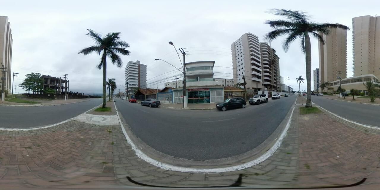 A city street with modern buildings, palm trees, and cars.