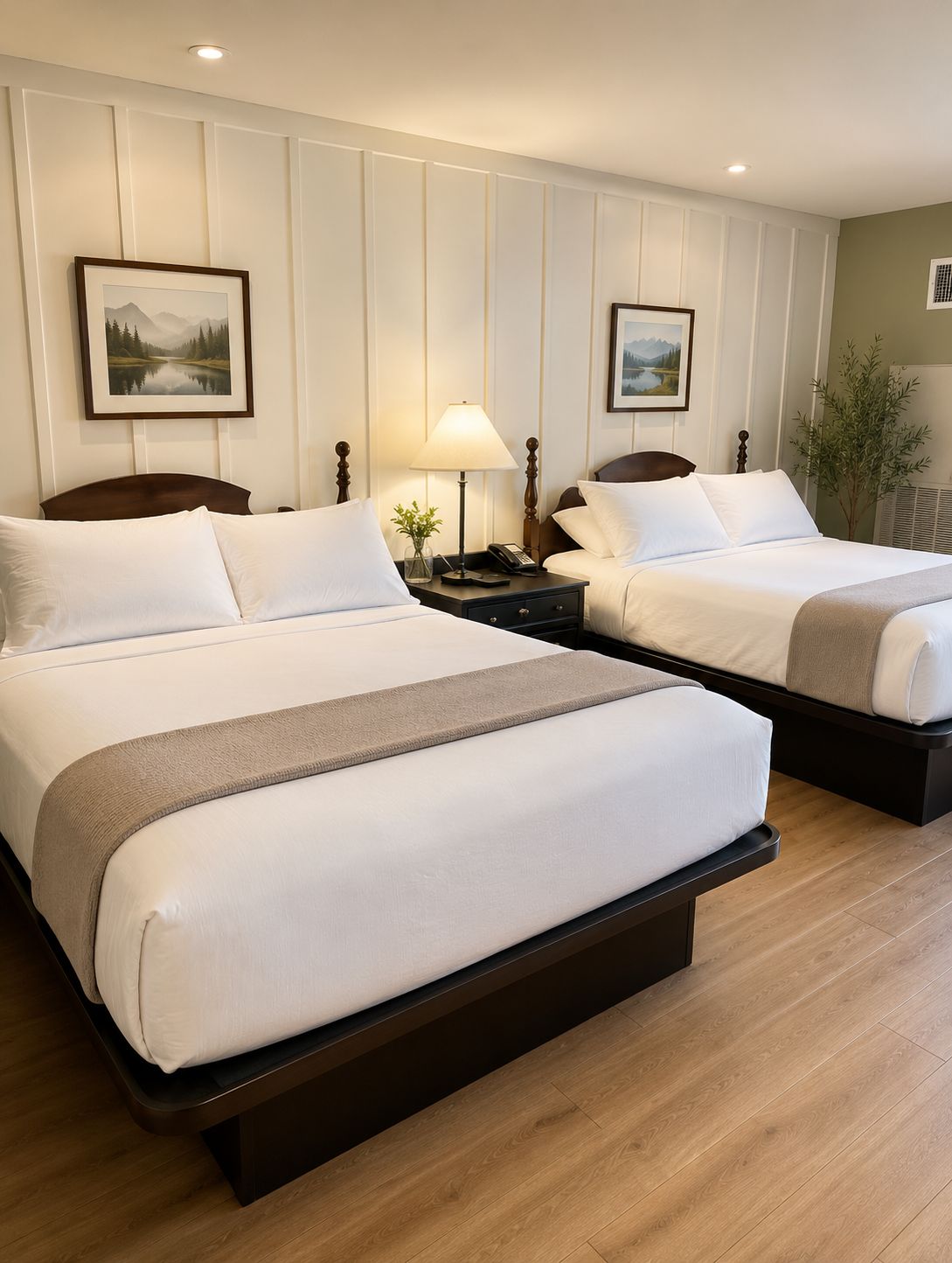 A hotel room with two beds, a nightstand with a lamp, and a framed picture on the wall.