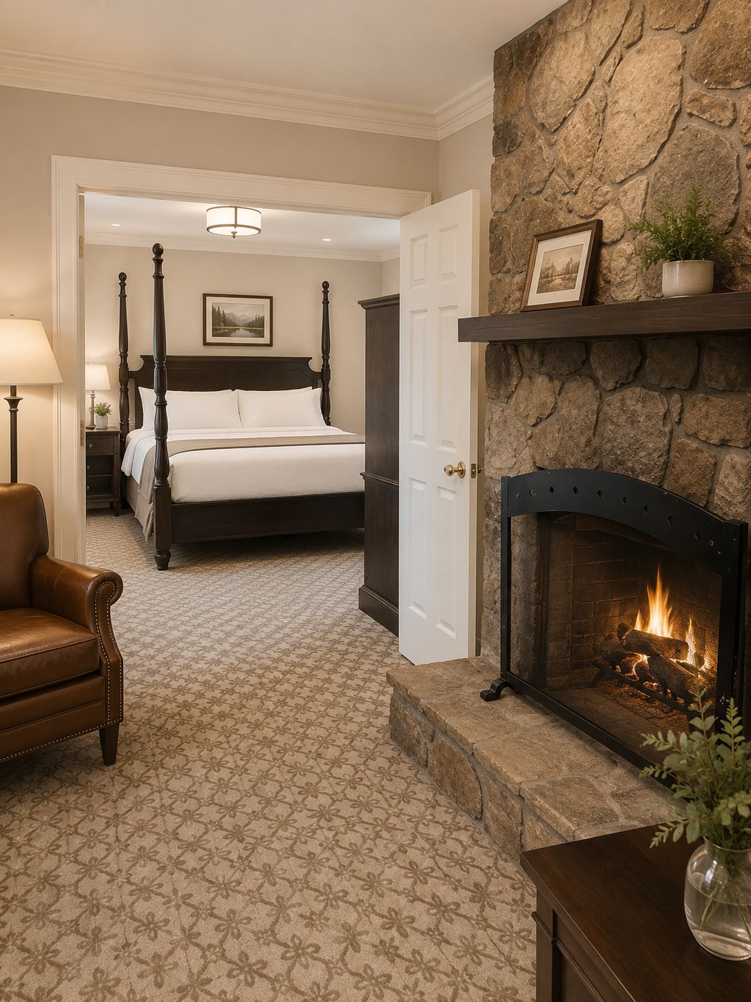 A bedroom with a four-poster bed, a stone fireplace, a nightstand, a chair, and a patterned carpet.