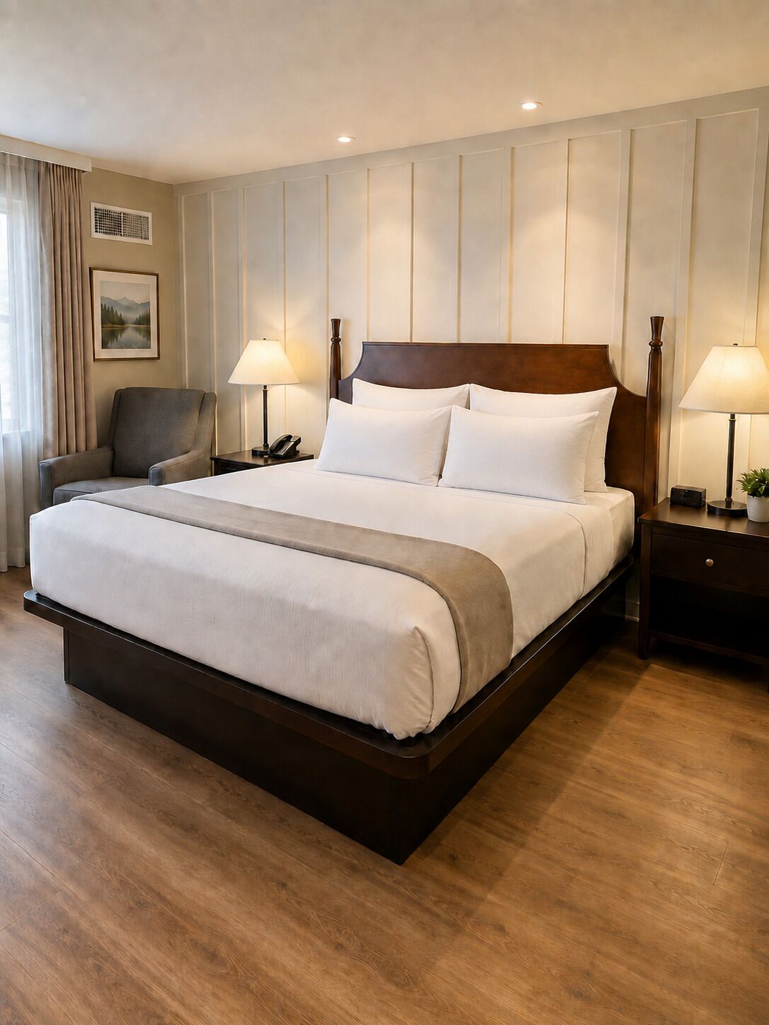 Une chambre d’hôtel avec un grand lit, deux tables de chevet, une chaise, un tableau au mur et une fenêtre avec des rideaux.