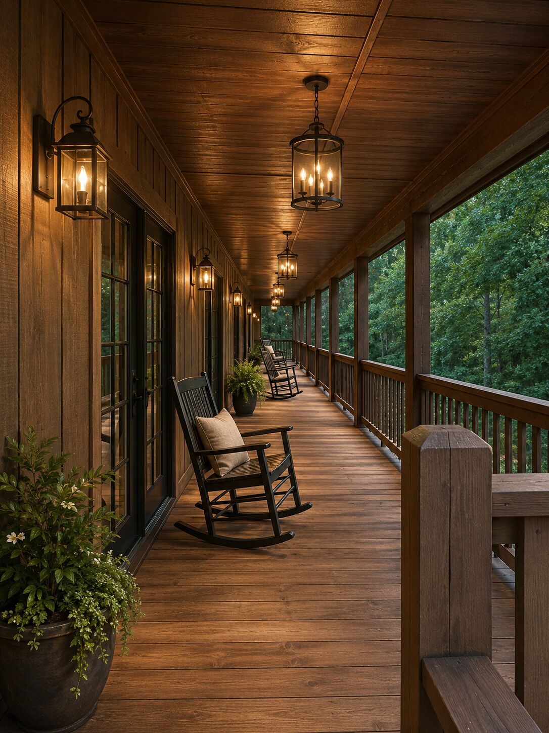 A wooden covered porch with rocking chairs, potted plants, and wall-mounted lanterns.
