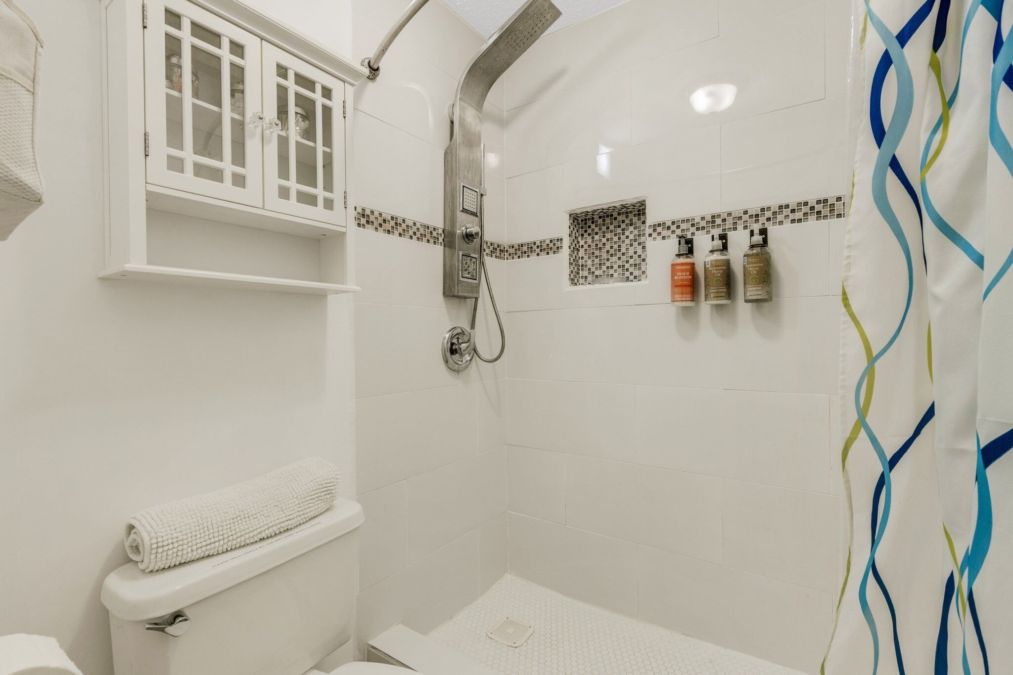 A shower with a glass enclosure, a toilet, and a towel rack.