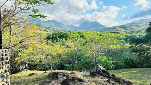 A stone patio with a view of a mountainous landscape. - Cabana Vergara Santa Fe (Provincia de Veraguas, Panama)