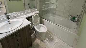 Combined shower/tub, hair dryer, towels, soap
