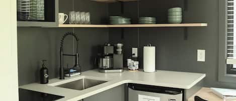 Fridge, microwave, stovetop, coffee/tea maker
