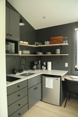 Réfrigérateur, micro-ondes, plaque de cuisson, cafetière/bouilloire