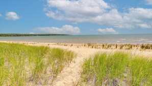 A beach with a clear sky and calm water.