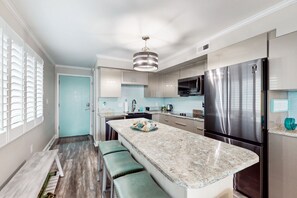 Fridge, microwave, stovetop, dishwasher - Beachfront condo with ocean views, pool, beach access, W/D, & AC (North Myrtle Beach)