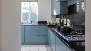 A modern kitchen with light blue cabinets, a gas stove, and a window providing natural light. - Big Beautiful house in Richmond centre (Richmond)