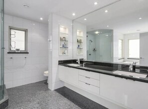 Hair dryer, towels, soap, shampoo