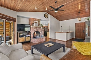 Smart TV, chimenea, libros, oficina