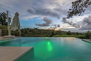 An infinity pool with a view of a forested hillside.