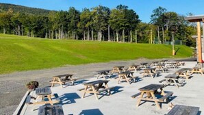 Ett område med picknickbord och bänkar, tillverkat av trä, omgivet av en gräsyta och träd.