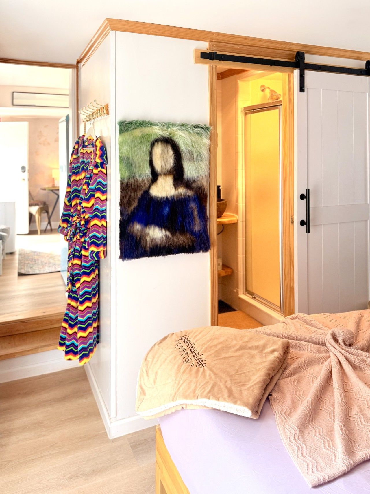A bedroom with a bed, a door, a wall-mounted rack with clothes, and a painting.