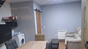 A compact living space with a dining area, a sofa, a washing machine, and a radiator.