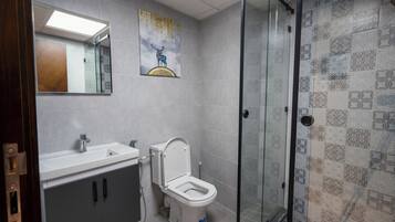 A modern bathroom with a glass shower enclosure, a white toilet, and a vanity with a mirror.