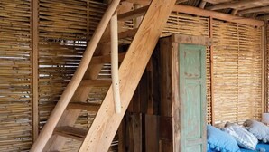 Una escalera de madera rústica que lleva a una cama con edredón azul.