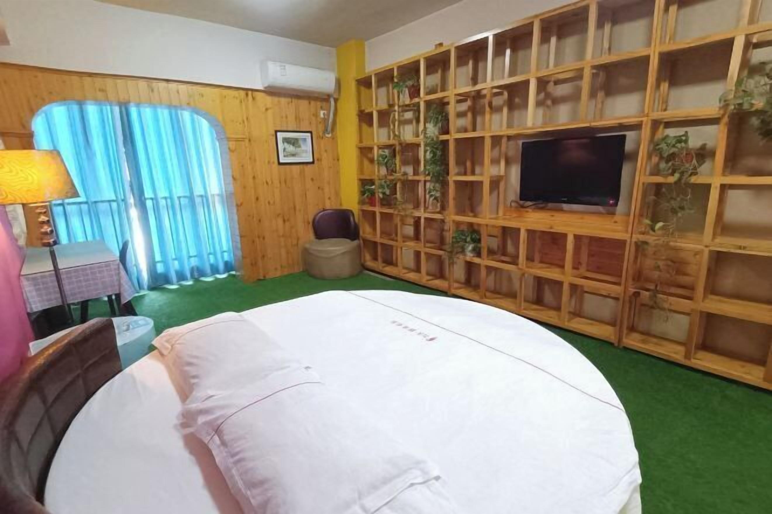 A hotel room with a bed, a TV, a wooden shelf with plants, and a window with curtains.
