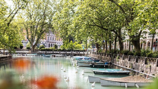 A canal with boats docked along the banks, surrounded by trees and buildings.