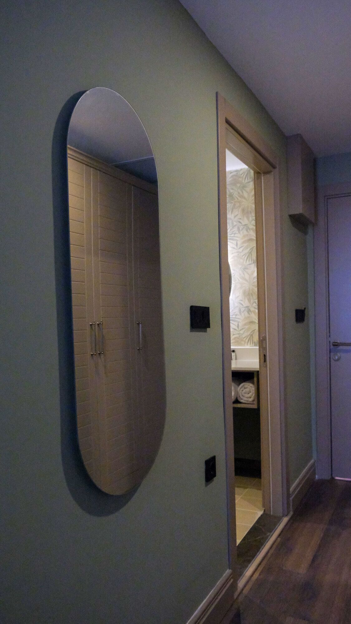 A hallway with a large mirror, a door leading to a bathroom, and a wooden floor.