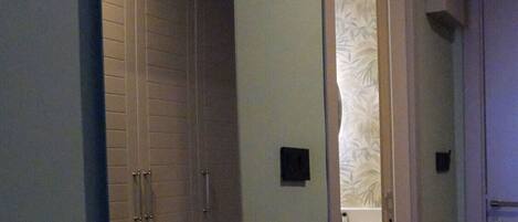 A hallway with a large mirror, a door leading to a bathroom, and a wooden floor.