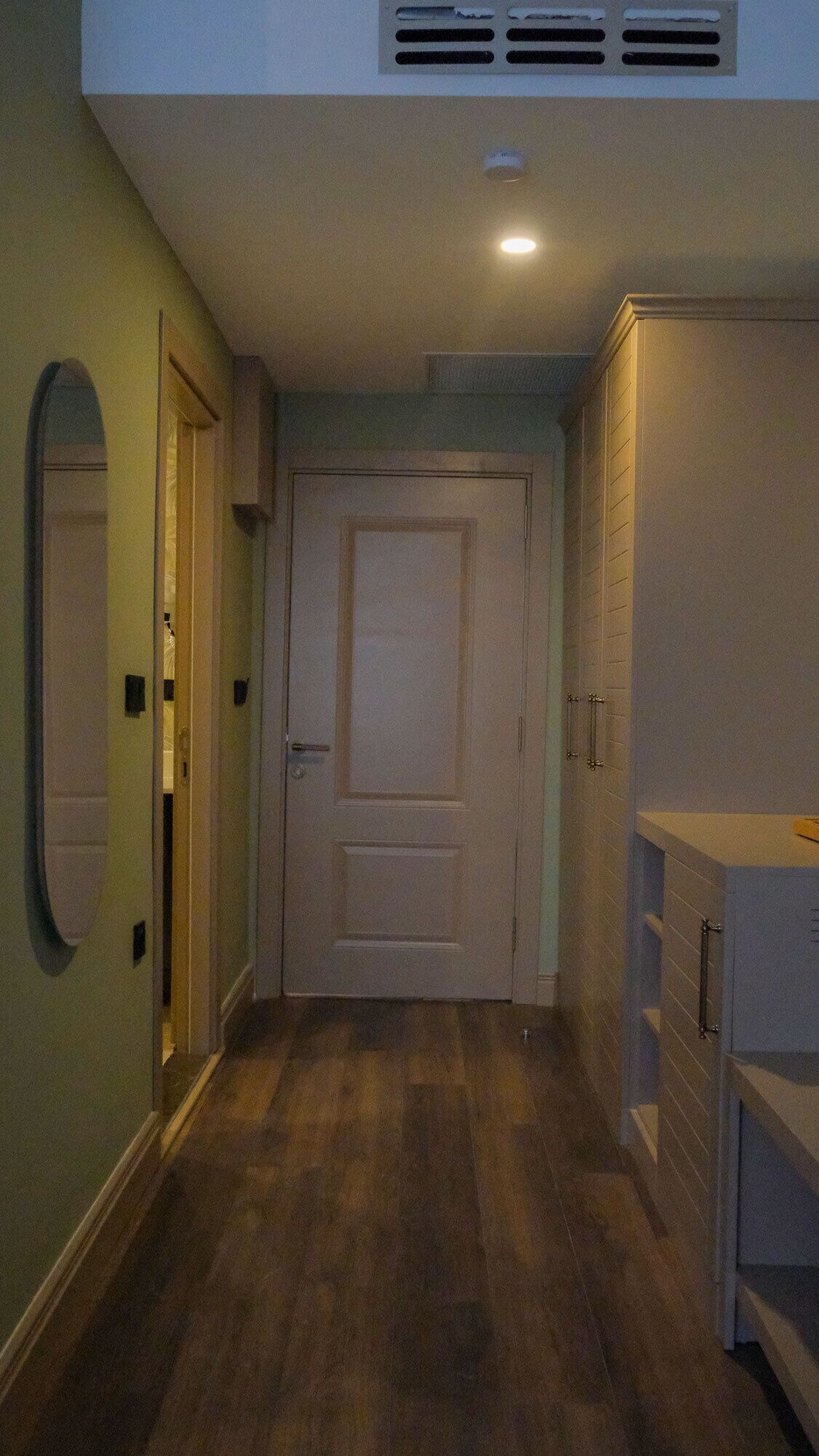 Um corredor estreito com piso de madeira, uma porta branca no final e um espelho na parede esquerda.