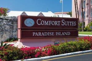 Welcome to Comfort Suites Paradise Island, set amidst a beautifully maintained garden with vibrant flowers.