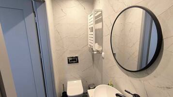 A bathroom with a toilet, sink, and mirror.
