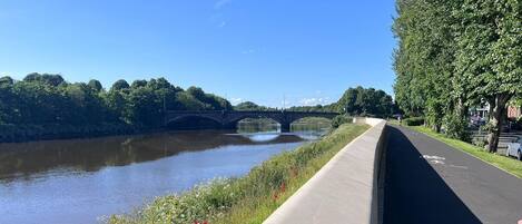 Un sentier qui longe la rivière, avec un pont, une végétation luxuriante et une promenade dallée.