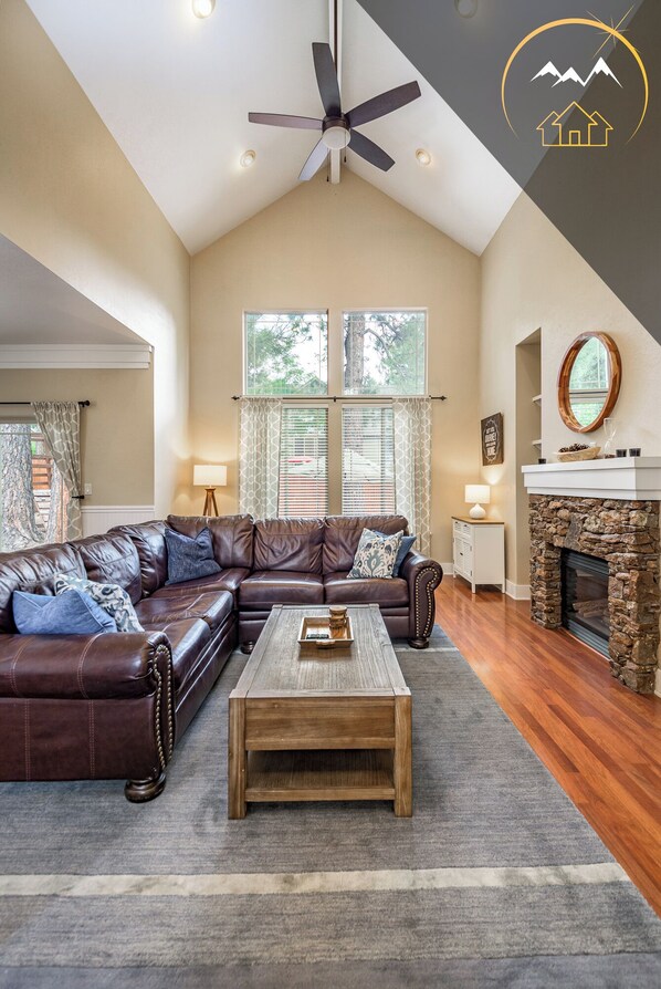 Smart TV, fireplace, books