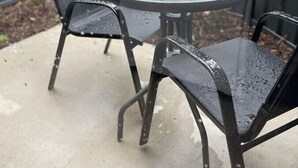 A patio with a glass table and two metal chairs, a potted plant on the table, and a metal fence in the background.