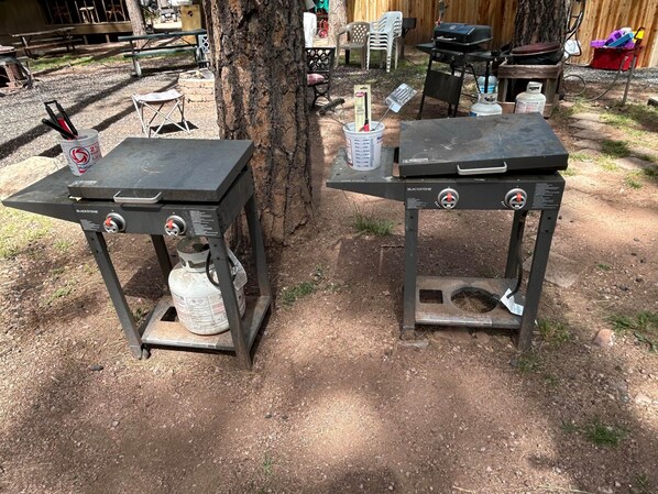 Dos parrillas para barbacoa al aire libre con tanques de gas, una mesa de picnic y un árbol en un patio trasero.