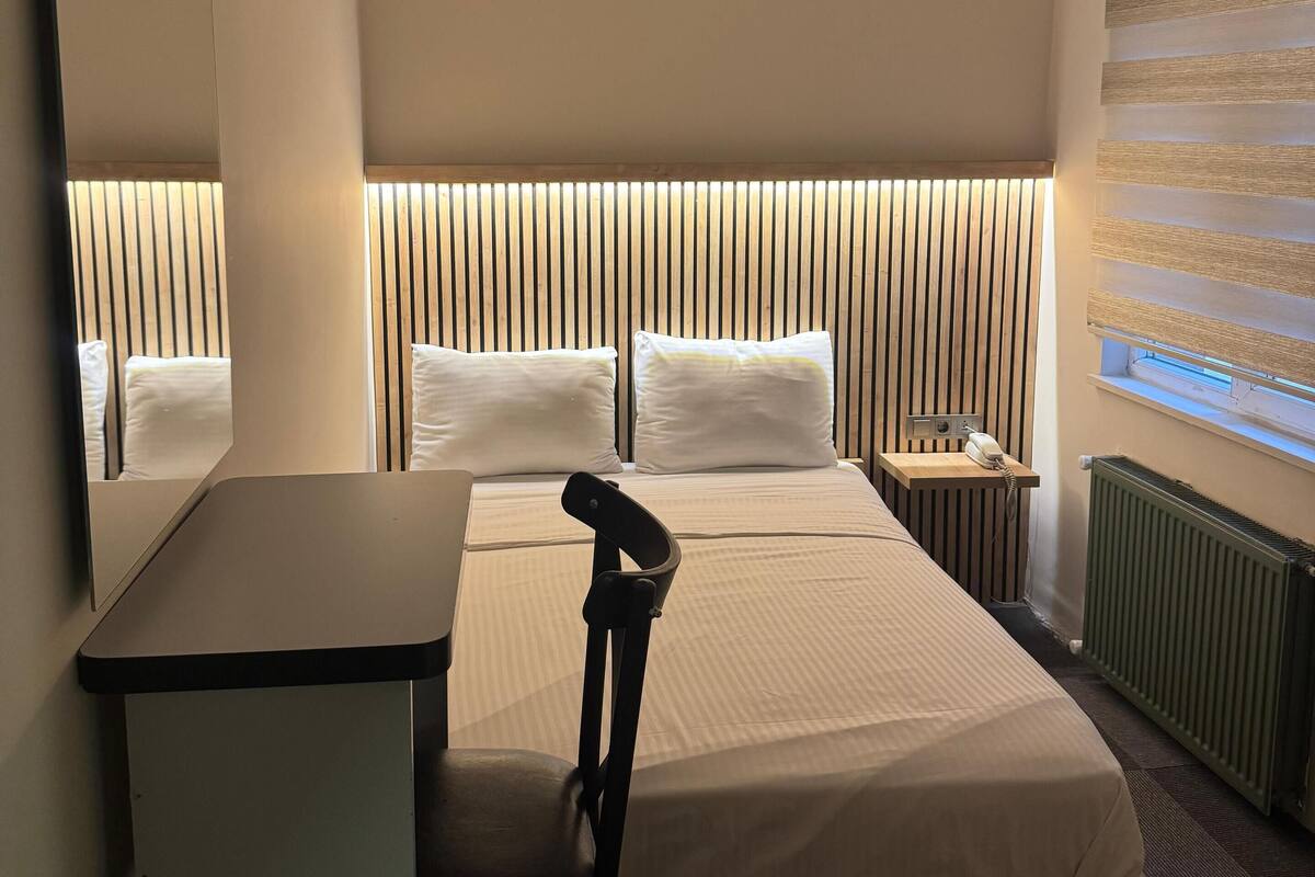 A hotel room with a bed, a desk, a chair, a telephone, and a radiator.