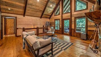 Smart TV, fireplace, books, offices