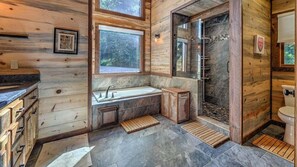Shower, jetted tub, hair dryer, towels