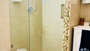Shower, towels, soap, shampoo