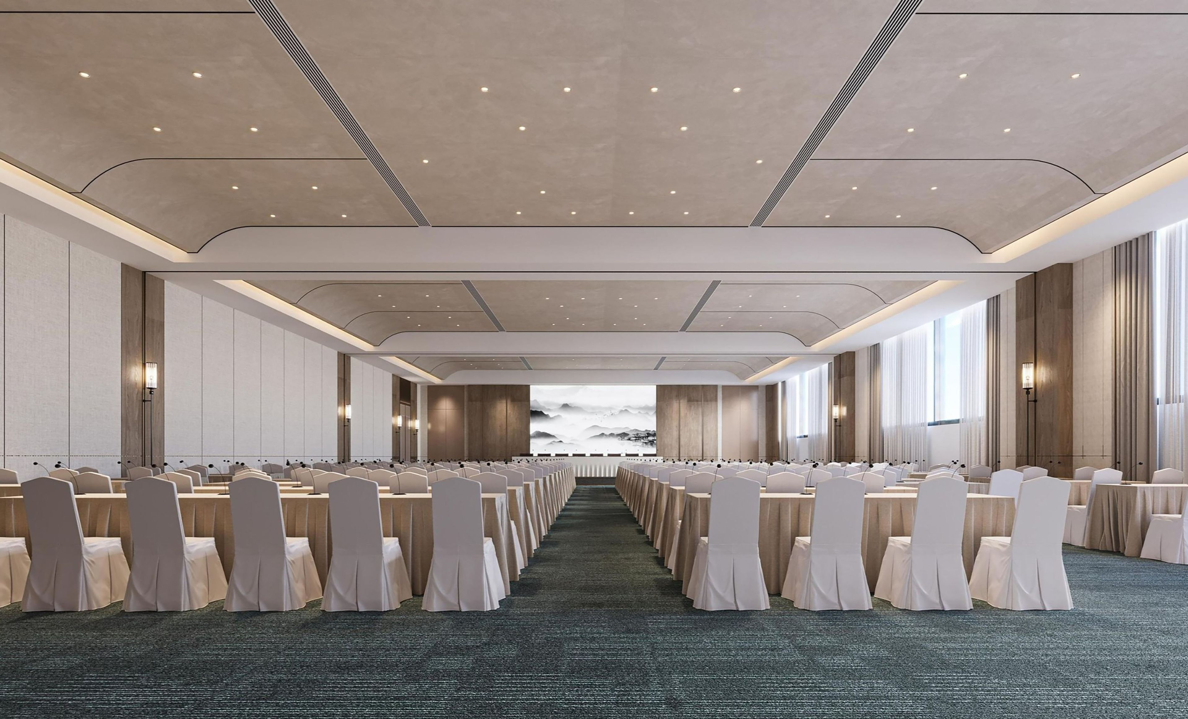 A conference room with rows of tables and chairs, a carpeted floor, and a large window on one side.