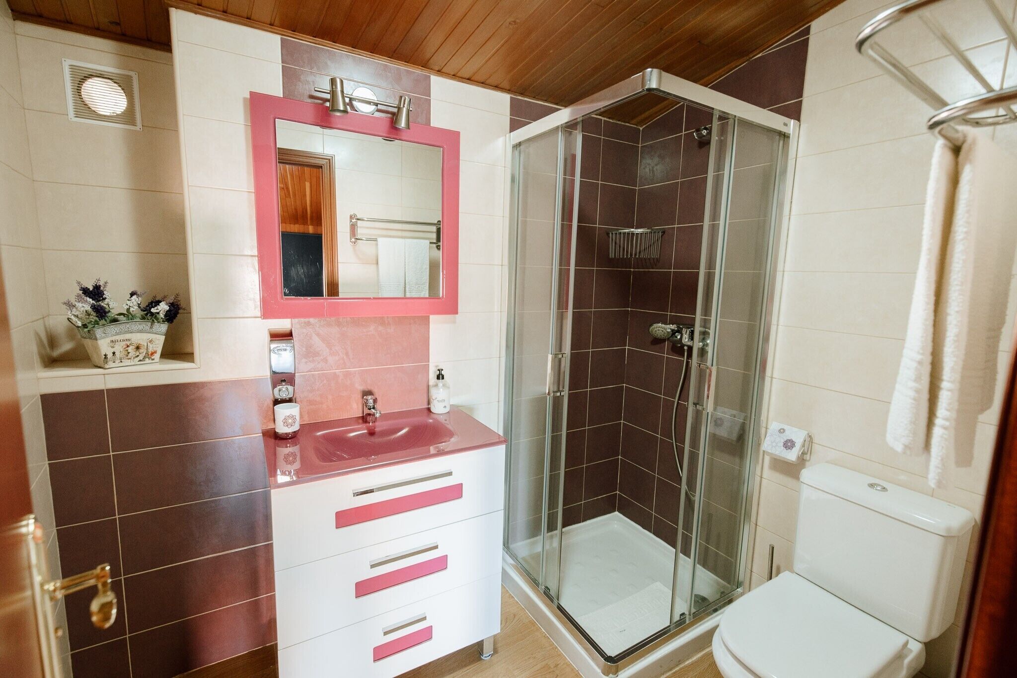 Un baño con cabina de ducha de vidrio, un lavamanos con encimera rosa y un espejo con marco rosa.