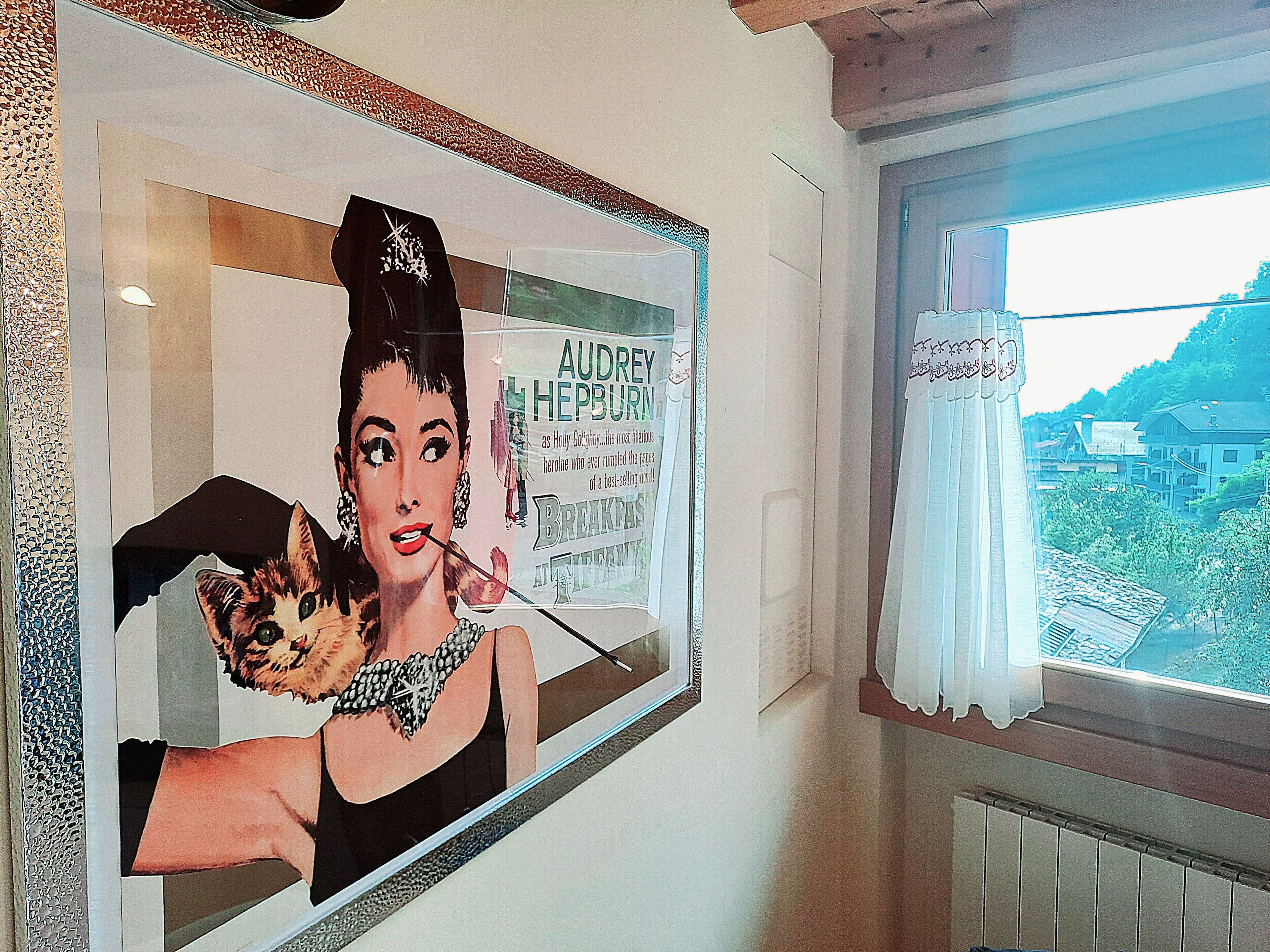 A framed poster with a woman's portrait and text, a window with a view of buildings, and a radiator.