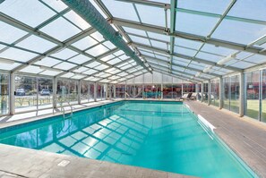 An indoor swimming pool with clear glass walls, a tiled deck, and a bench.