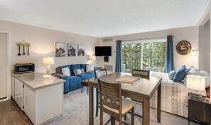 A compact living space with a kitchenette, a dining area, a sofa, and a TV mounted on the wall.